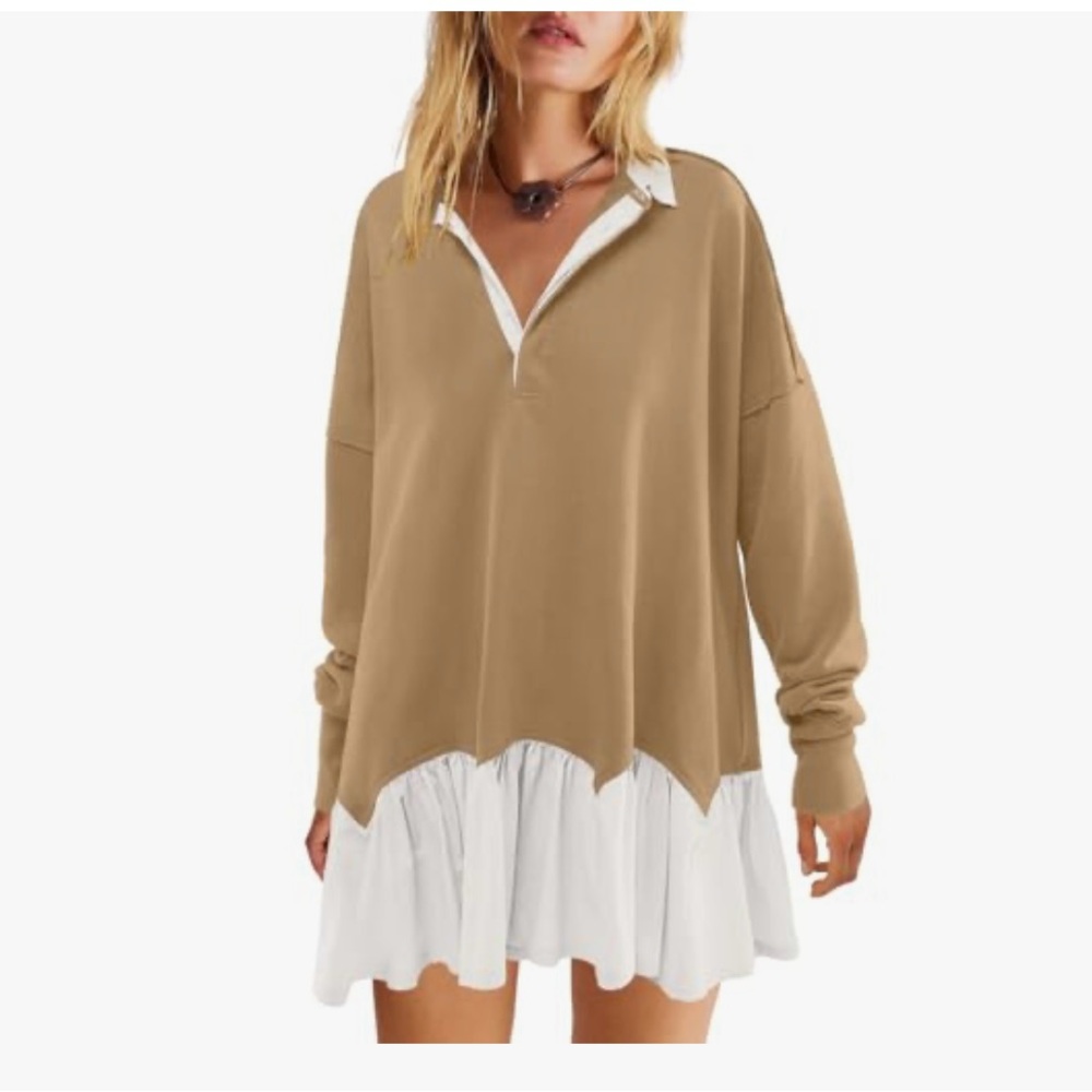 Tan and White Long Sleeve Dress